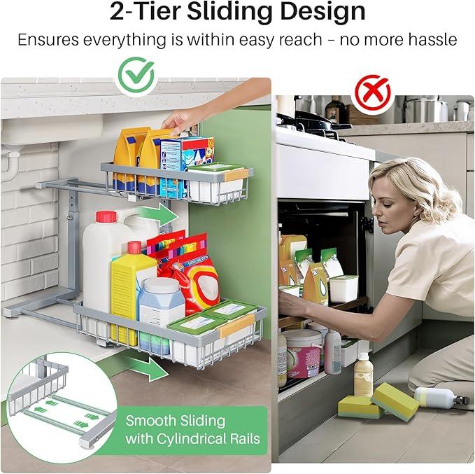 Under Sink Organizer, 2 Packs 2 Tier Under Sink Organizers and Storage, Slide out Pull out Cabinet Organizer Shelf, Metal Sliding Drawer for Kitchen Bathroom Pantry Closet Rack(Grey) - NeatNest