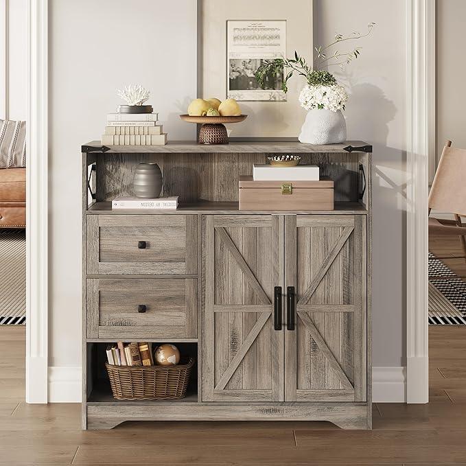 Fameill Farmhouse Storage Cabinet with Drawers and Open Storage,Freestanding Kitchen Pantry with 2 Barn Doors, Floor Cabinet with Adjustable Shelf for Living Room,Grey - NeatNest