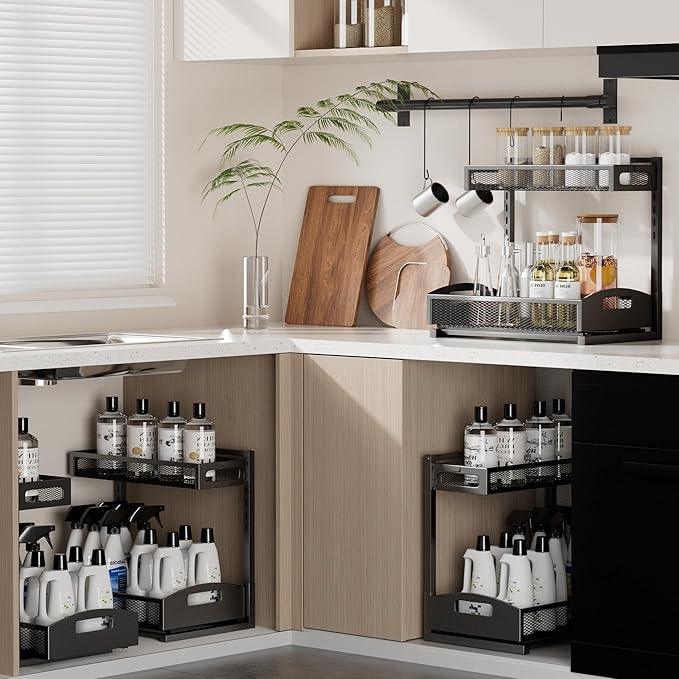 Under Sink Organizer,2 Pack Height Adjustable Under Sink Organizers and Storage, 2 Tier Under Sink Storage for Kitchen Bathroom Cabinet - NeatNest