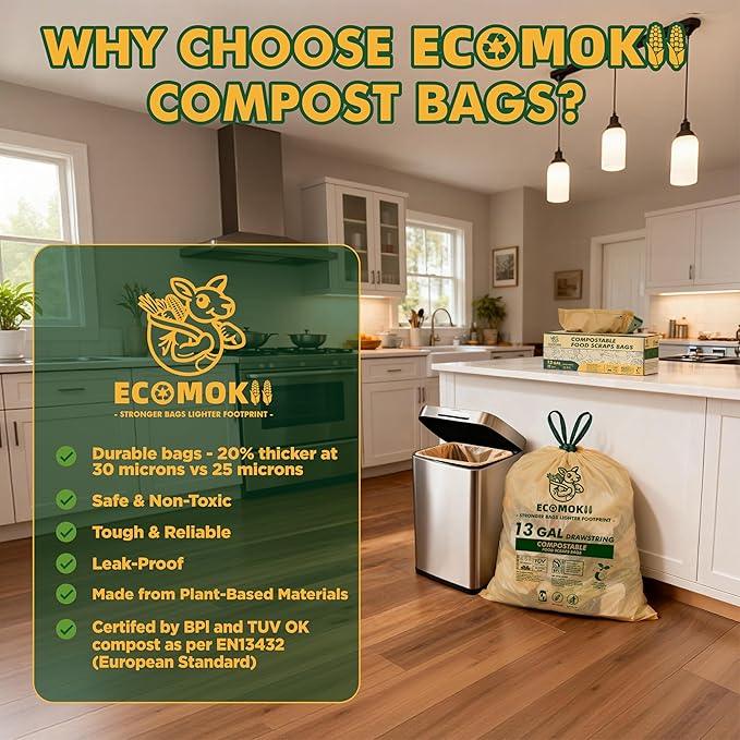 EcoMokii 13 Gallon Compostable Trash Bags with Drawstring, 30 Count, 49.2 Liter, 1.2 Mil Heavy Duty Extra Thick Large Kitchen Garbage Bin Liners, Compost Food Scraps Bag, BPI (ASTM D6400) - NeatNest