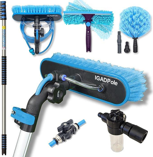 IGADPole 20 FT Water-Fed Washing Kit with Soap-Dispenser, Brush, 10″ Squeegee & Cobweb Duster for Windows, Gutters, Solar Panels & Exterior Walls - NeatNest