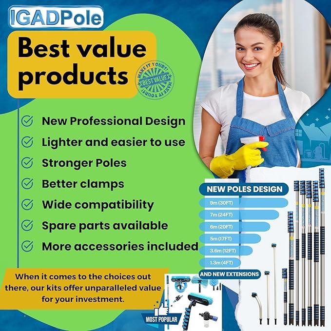IGADPole 28 FT Water-Fed Washing Kit with Soap-Dispenser, Brush, 10″ Squeegee & Cobweb Duster for Windows, Gutters, Solar Panels & Exterior Walls - NeatNest