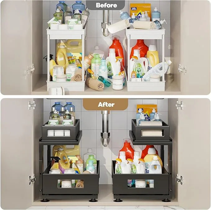 2 Pack Under Sink Organizer with Next-Gen Ball-Bearing Slides,2-Tier Pull Out Cabinet Storage,Height Adjustable Drawer Shelf for Bathroom,Kitchen,Laundry,Cabinet,Pantry(Patent Pending) - NeatNest