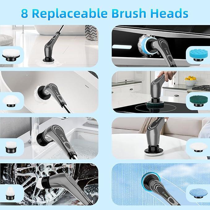 Gray Electric Spin Scrubber, Cordless Spin Scrubber with 8 Replaceable Brush Heads, Electric Scrub Brush with Adjustable Extension Handle, Electric Cleaning Brush for Bathroom, Tile and Bathtub - NeatNest