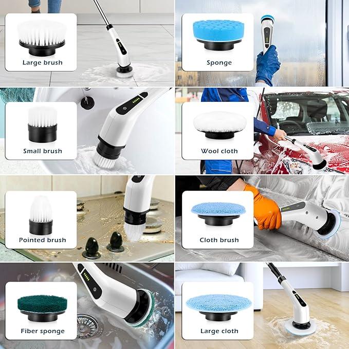 Electric Spin Scrubber, Cordless Cleaning Brush Scrubber for Home, 8 Replaceable Brush Heads-90Mins Work Time, 3 Adjustable Size, 2 Speeds for Bathroom Shower Bathtub Glass Car - NeatNest