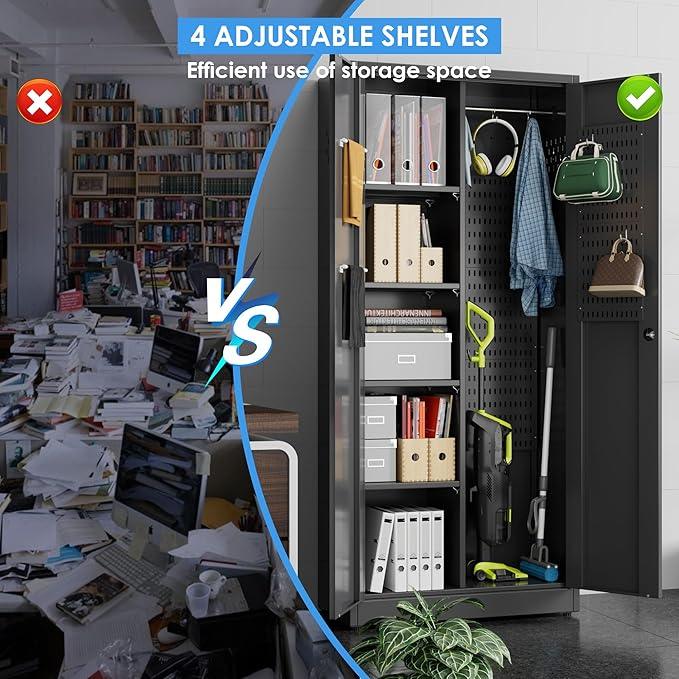 SUXXAN Broom Closet Storage Cabinet 71.4"x 31.5"x15.7", Metal Cleaning Cabinets with Hooks and Hanging Rods, Lockable Cabinet with Pegboard, Adjustable Shelf,for Garage, Laundry Room - NeatNest