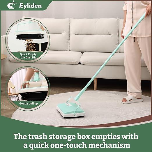 Eyliden X-Large Carpet Sweeper - Quiet Manual Sweeper for Carpets & Rugs | 1 Extra Refill Roller Brush | Non-Electric, Hand Push, Quietly Cleans Debris and Messes, Restaurant Roller Broom (Mint) - NeatNest