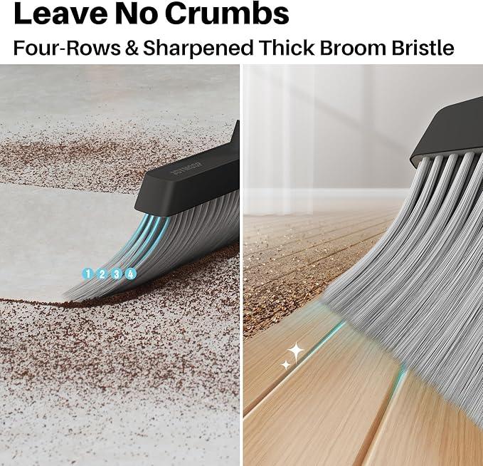 JOYMOOP 2 Pack Broom and Dustpan Set, Black and White Combo, Upright Angle with Built-in Comb Teeth for Pet Hair and Hard Floors - NeatNest