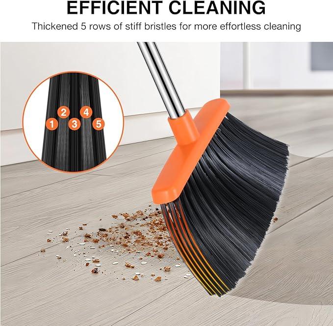 NACENA Broom and Dustpan Set, 52-in Long Adjustable Handle Broom Dustpan Combo with Dustpan Teeth to Automatically Clean Hair Suitable for Home Kitchen Office Hall Floor (Grey&Orange), 4 Pack - NeatNest
