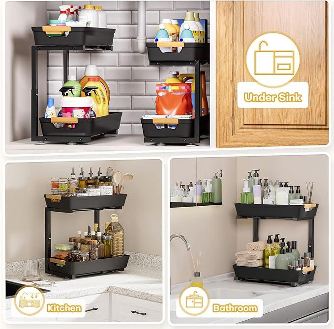 Homde 2-Tier Under Sink Organizer: 2pcs Set Adjustable Pull Out Drawer Undersink Cabinet Storage Rack for Home Kitchen Bathroom - NeatNest
