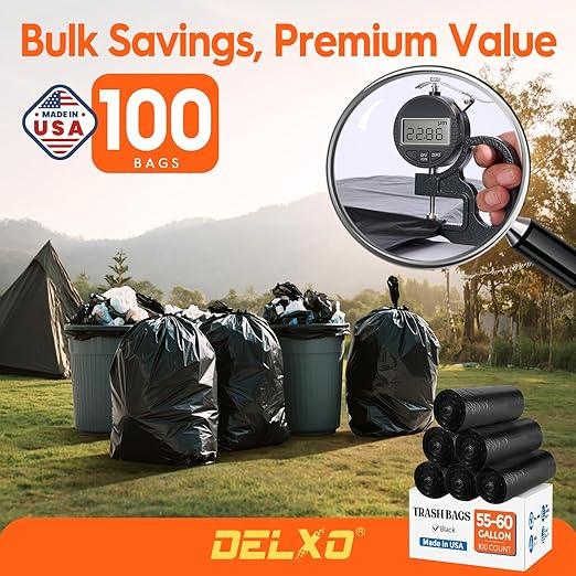Delxo 55-60 Gallon Trash Bags, 100 Count – 0.9 Mil Medium Duty Garbage Bags, Durable & Puncture-Resistant Plastic Bolsas para basura, Perforated Design– Made in USA for Kitchen, Yard, Office (Black) - NeatNest