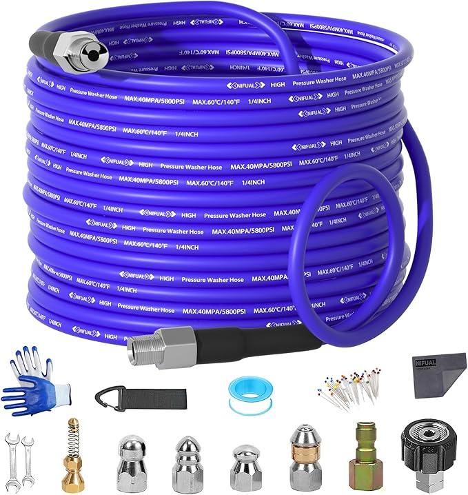 NIFUAL 50FT Sewer Jetter Kit for Pressure Washer, 5800PSI Pressure Drain Cleaner Hose 1/4 Inch NPT Corner, Rotating and Button Hose Sewer Jetting Nozzle Waterproof Tape Pearl Corsage Pin Spanner Glove - NeatNest