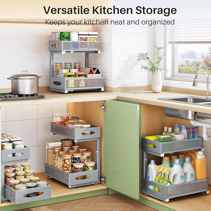 Under Sink Organizer, 2 Pack 2 Tier Pull out Cabinet Organizer Baskets with Mesh Sliding Drawers, Slide out Sink Storage Shelves for Home, Kitchen, Bathroom, Pantry, Office Organizers and Storag,Grey - NeatNest