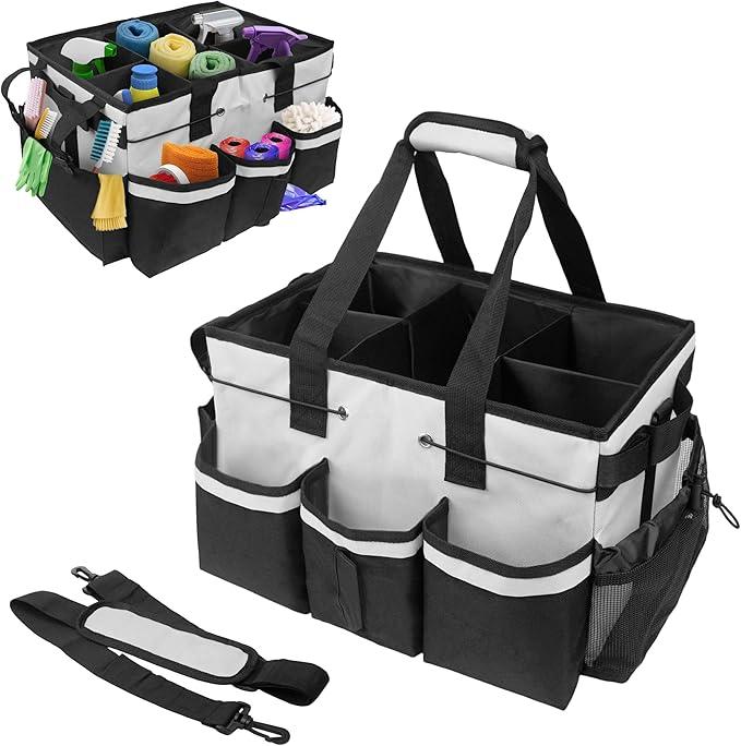 ZKOO Large Cleaning Caddy Bag with Handle, Built-in Sturdy Support Board, Adjustable Shoulder Strap, Multi-compartment Design Cleaning Supply Tote for Cleaners & Housekeepers (White) - NeatNest