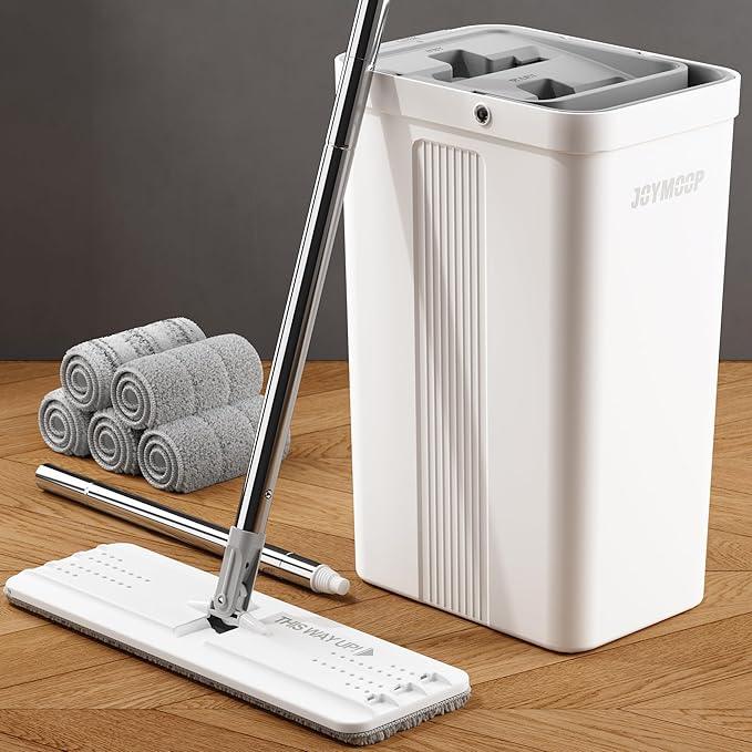JOYMOOP Mop and Bucket with Wringer Set, White Flat Squeeze Mop Bucket Set for Floor Cleaning, Wet Dry Mops for Walls, Wall Cleaner with Long Handle, Hardwood Floor Mop-5 Microfiber Cloths - NeatNest