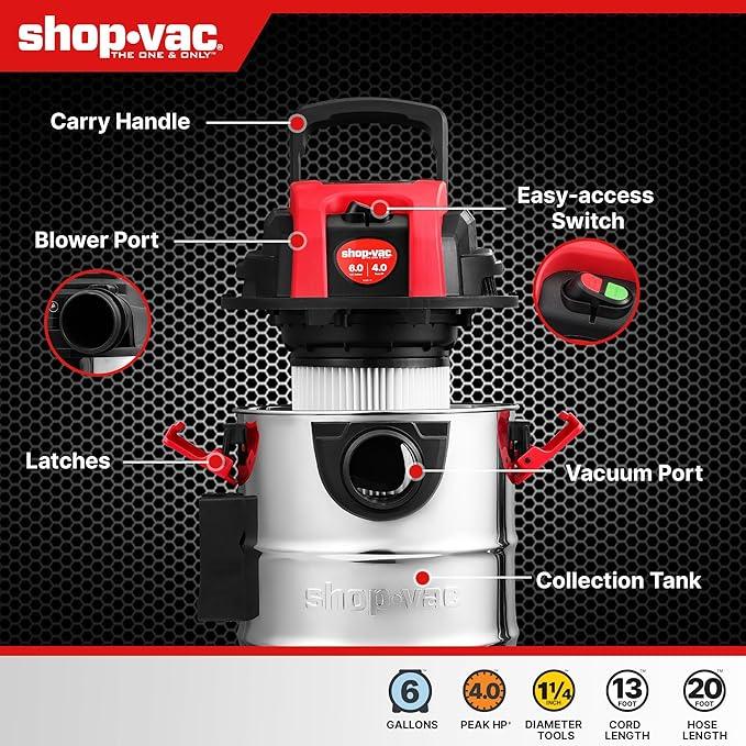 Shop-Vac 6 Gallon 4.0 Peak HP Wet/Dry Vacuum, Wall Mountable Compact Shop Vacuum with 20 ft Extra Long Hose & Accessories - Ideal for Jobsite, Garages, Car & Workshops - NeatNest