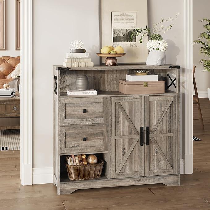 Fameill Farmhouse Storage Cabinet with Drawers and Open Storage,Freestanding Kitchen Pantry with 2 Barn Doors, Floor Cabinet with Adjustable Shelf for Living Room,Grey - NeatNest