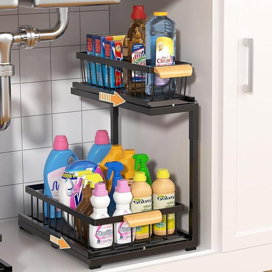 Under Sink Organizer, Pull Out Cabinet Organizer 2 Tier Slide Out Sink Shelf Cabinet Storage Shelves,Kitchen & Bathroom Organizers,Metal (Black, 1 Pack-14.6 * 10.6 * 16.5in) - NeatNest