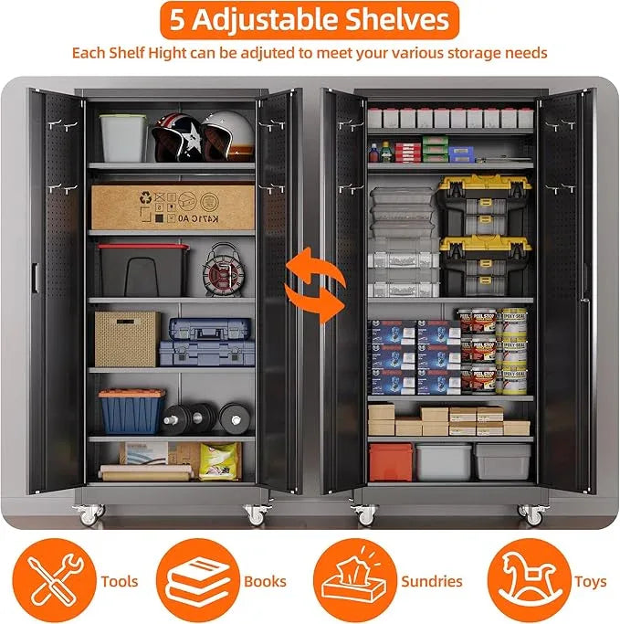 SUXXAN Garage Storage Cabinet with Wheels Pegboard and 5 Adjustable Shelves, 71'' x 32'' x 16''Metal Lockable Cabinet with Magnetic Doors,Tool Storage,Home Office Garage,Gym,School (Black) - NeatNest