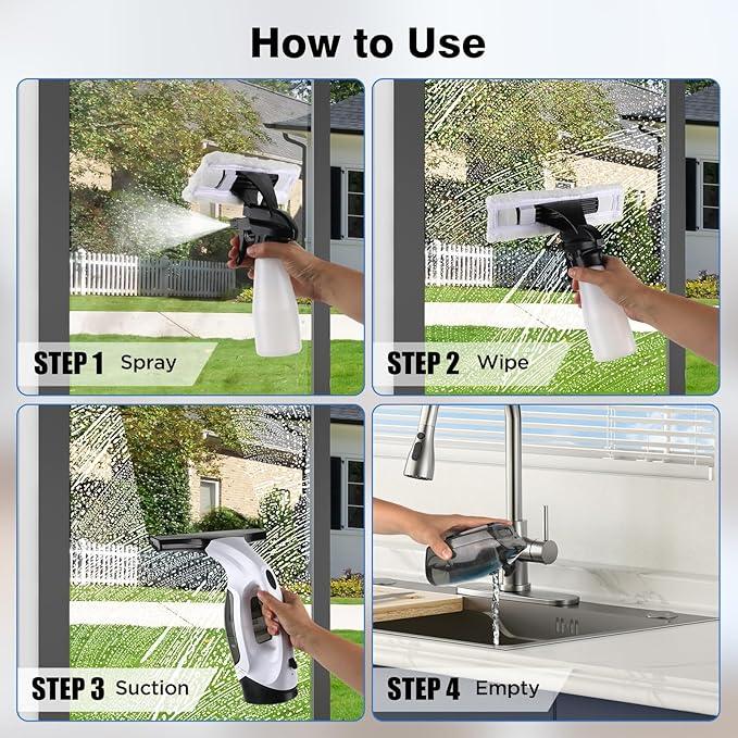 Window Vacuum Squeegee Cordless, 2000Pa Electric Window Cleaner Tool with 2200mAh & 150ml Water Collection Tank, Window Cleaning Kit Shower Squeegee for Glass Doors, Windows, Mirrors, Car (White) - NeatNest