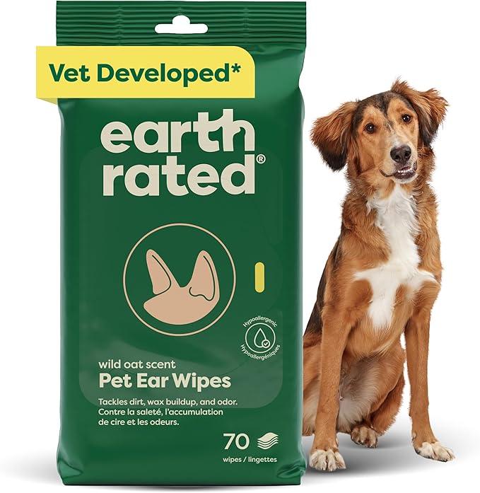 Earth Rated Vet-Developed Pet Ear Wipes, Hypoallergenic Cleaner for Dogs & Cats Ears to Remove Dirt and Wax Build Up, Wild Oat Scent, 70 Count - NeatNest