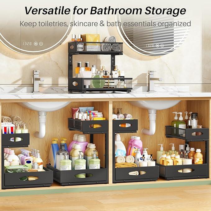Under Sink Organizer, 1-Pack Pull Out Cabinet Organizer 2 Tier Metal Slide Out Storage Shelf Rack, L-Shaped Adjustable Height,Mesh Sliding Drawer for Kitchen, Bathroom, Laundry, Pantry, Black, XL - NeatNest