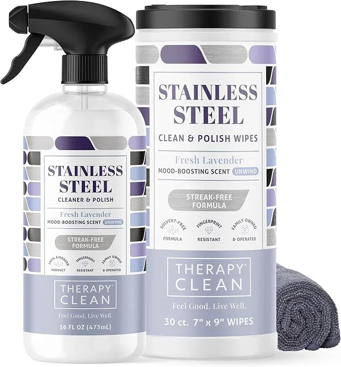 Therapy Stainless Steel Cleaner and and Polish Wipes Bundle with Microfiber Cloth - Remove Fingerprints from Appliances, Sinks, Fridge, Grill, Refrigerator, BBQ, Stove - Stainless Steel Spray and Wipe - NeatNest