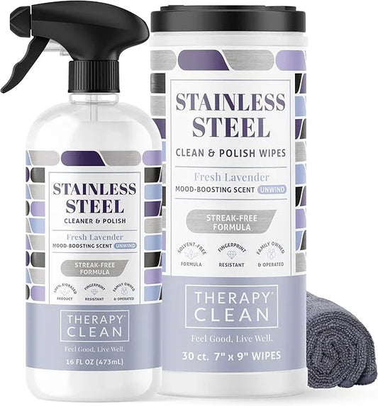 Therapy Stainless Steel Cleaner and and Polish Wipes Bundle with Microfiber Cloth - Remove Fingerprints from Appliances, Sinks, Fridge, Grill, Refrigerator, BBQ, Stove - Stainless Steel Spray and Wipe - NeatNest