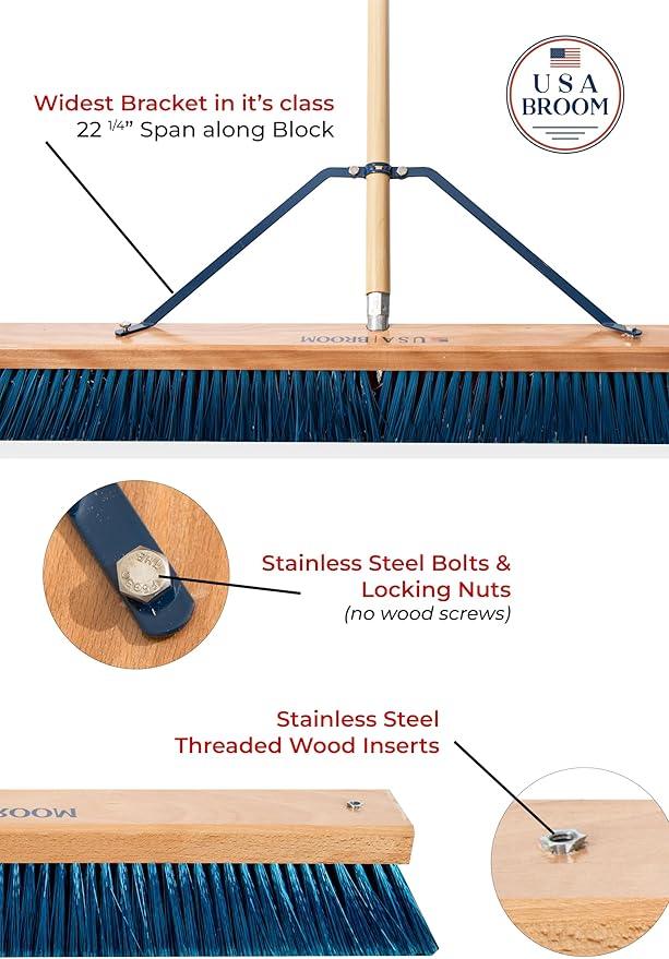 36" Heavy Duty Outdoor Push Broom with 60" Handle. Ideal for Ashpalt, Concrete & Heavy Debris. Durable American Made Steel Brackets-Stainless Steel Hardware. No Plastic. 100% Made in The USA. - NeatNest