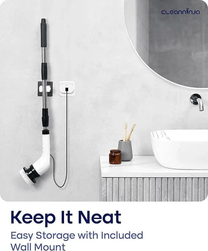Electric Spin Scrubber for Cleaning - Shower Scrubber with Long Handle and 7 Replaceable Heads - 2 Speed Cordless Shower Brush for Cleaning with Long Battery Life, White - NeatNest