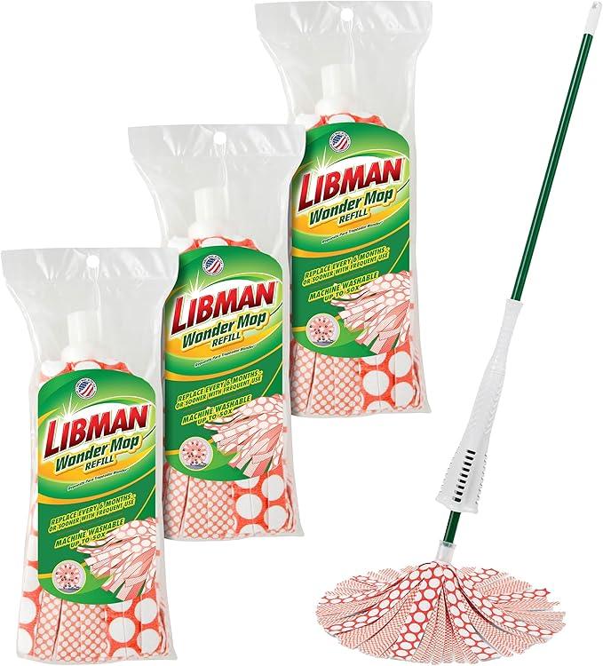 Libman Wonder Mop Plus 3 Refills, Self-Wringing, Absorbent, Microfiber Floor Mop for Household Multi-Surface Cleaning, 3 Machine Washable Replacement Heads - NeatNest