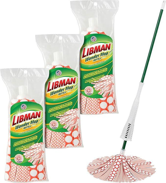 Libman Wonder Mop Plus 3 Refills, Self-Wringing, Absorbent, Microfiber Floor Mop for Household Multi-Surface Cleaning, 3 Machine Washable Replacement Heads - NeatNest