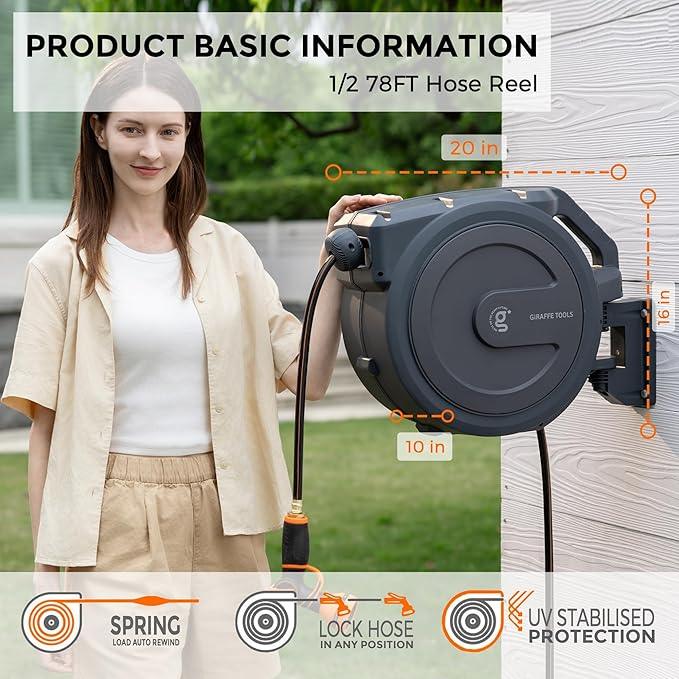 Giraffe Tools Hose Reel 1/2‘’ 78 ft, Heavy Duty Retractable Garden Hose Reel with Any Length Lock, Slow Return System, Wall Mounted and 180 Deg Swivel Bracket - NeatNest