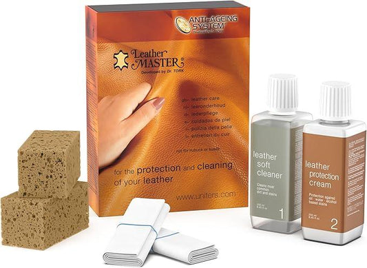 Leather Master Leather Care Kit | Leather Cleaner and Conditioner Kit | Cleans & Restores Car Seats, Furniture, Purses, Jackets | Includes Leather Cleaner, Leather Conditioner, Sponge & Wipes - NeatNest