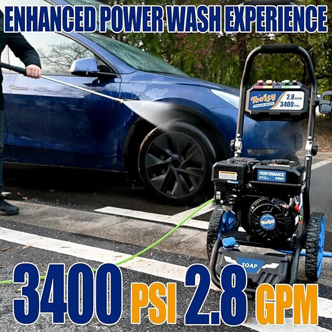 TOOLCY Gas Pressure Washer 3400 PSI & 2.8 GPM, High-Performance 212cc Engine, Foldable Handle, Reinforced Pump, 35FT Extended Power Hose, Kink-Less Swivel Gun with & 5 Nozzles, for Driveways/Patios - NeatNest