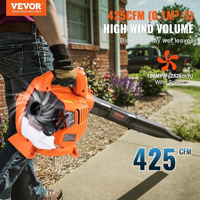 VEVOR Gas Leaf Blower, 26CC 2-Cycle Handheld Leaf Blower Gas Powered with 425-CFM and 156-MPH Powerful Performance, Ideal for Lawn Care, Leaf Cleaning, and Snow Removal - NeatNest