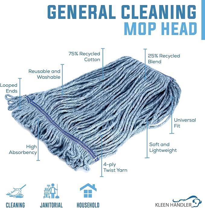 KLEEN HANDLER General Cleaning Mop Heavy Duty Commercial Replacement, Wet Industrial Blue Cotton Looped End String Head Refill (Pack of 3) - NeatNest