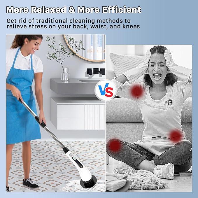 Electric Spin Scrubber, Cordless Cleaning Brush, Shower Scrubber with 7 Replaceable Brush, 2 Speeds and Adjustable Extension Handle for Bathroom Shower Bathtub Glass Car(White) - NeatNest
