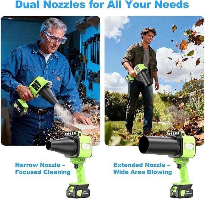 DEGGE Brushless Leaf Blower Cordless, Handheld Leaf Blowers with LED Work Light, Two Interchangeable Nozzles, Turbo Jet Blower for Lawn Care, Patio Cleaning, Garage Dust & Outdoor Use - NeatNest