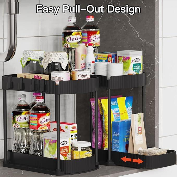 2 Pack Multi-Purpose Pull-Out Storage Organizers, Under Sink Organizers and Storage for Bathroom & Kitchen, Under Cabinet Organizers and storage, 14.8 Inch, Black - NeatNest