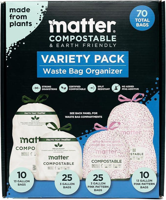 Matter Compostable Variety Pack 3 Gallon and 13 Gallon Kitchen Trash Bags with Drawstring, Unscented, Durable, Leak-Resistant, Eco-Friendly, 70 Count - NeatNest