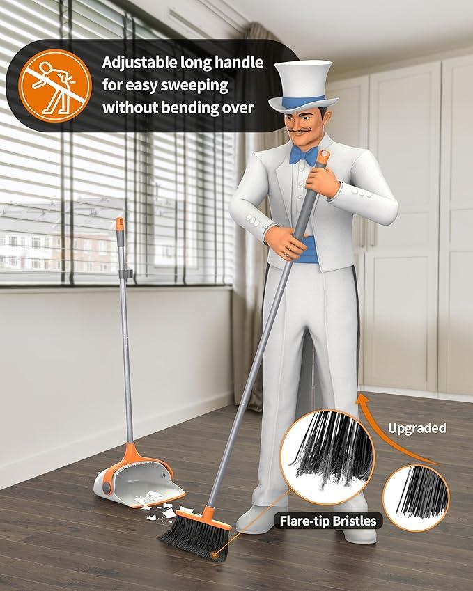 MR.SIGA Broom and Dustpan Set with Long Handle, Stand Upright Broom with Dustpan Combo for Cleaning Office, Garage, Lobby, Lightweight Sweeping Set, 51.7"(131 cm) Long Handle, White & Orange - NeatNest