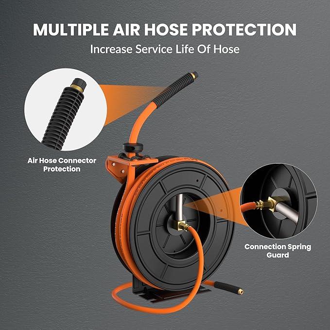Giraffe Tools TA15 Retractable Air Hose Reel Swivel 3/8" x 50 ft Hybrid Hose, Max 300 PSI, Ceiling/Wall Mounted Heavy Duty Industrial Commercial Air Compressor Hose Reel, 50ft, Tangelo - NeatNest