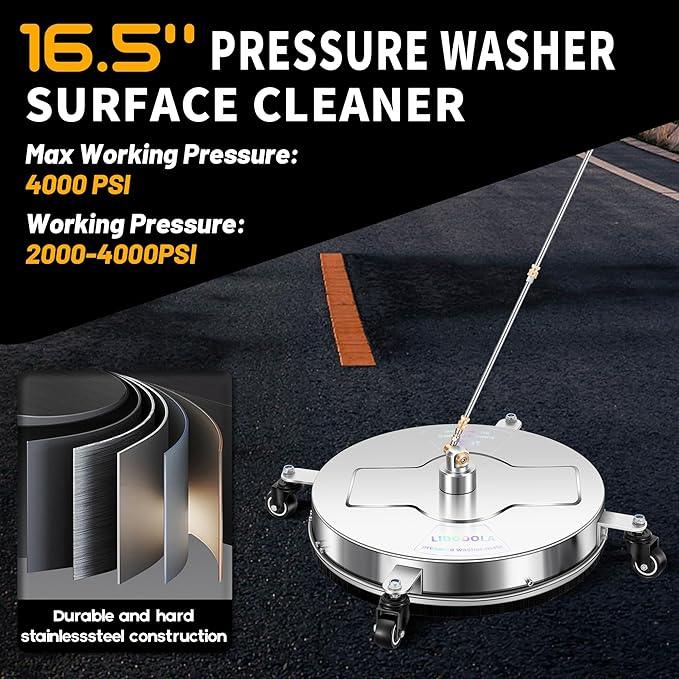 16.5" Pressure Washer Surface Cleaner with 4 Wheels - Stainless Steel Surface Cleaner for Pressure Washer Attachment for Concrete, Driveway, Patio, Sidewalk, Deck and Daily Washing - PWS16.5 - NeatNest
