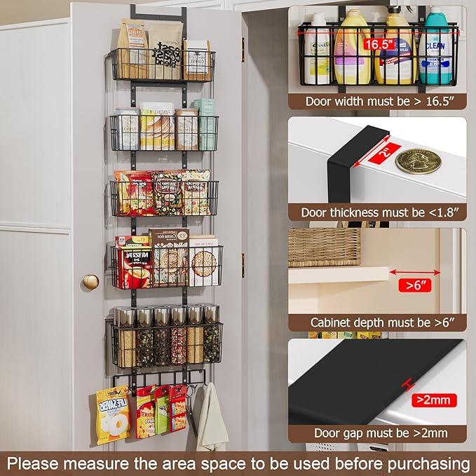 Adjustable Over The Door Organizer, Metal Hanging Door Organizer with 5 Wire Basket 7 Hooks, Wall Mounted Shelf for Pantry Laundry Organization and Storage, Black - NeatNest