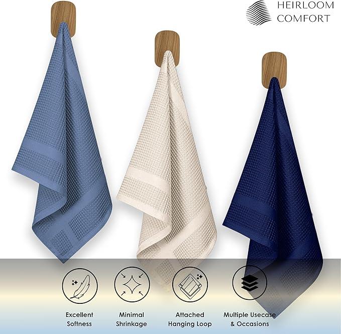 12 Pack Multi Color Waffle Weave Kitchen Towels, 16x26 Inch, 100% Cotton, Super Absorbent, Quick Dry, Hand Towels for Drying Dishes, Cleaning, Durable - Sky Blue, Ivory, Indigo Blue - NeatNest
