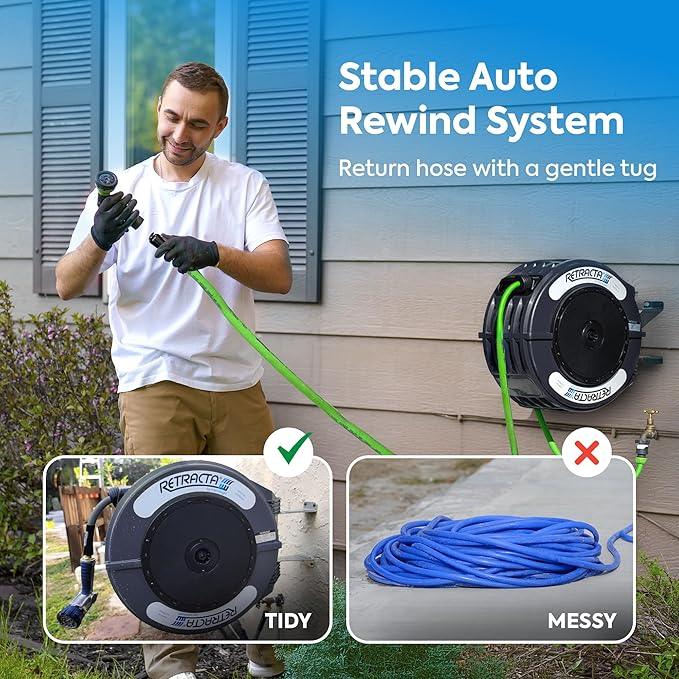 Macnaught Retractable Garden Hose Reel, 60 Ft Water Hose Reel Heavy Duty Retractable Hose with Metal 180° Swivel Rotation Bracket for Wall Mount - Gray - NeatNest