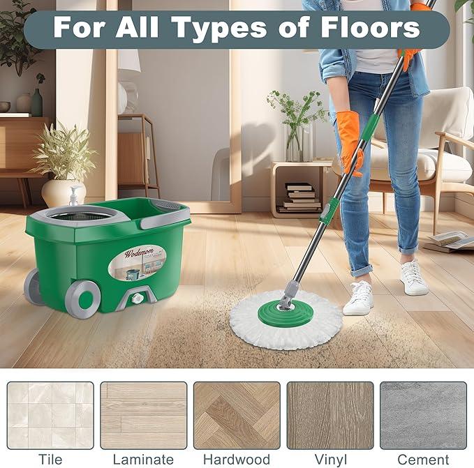 Dual Compartment Spin Mop and Bucket, Mop and Bucket with Wringer Set,360°Rotating Spinning Mopping for Floor Cleaning with 3 Microfiber Replacement Heads, 61" Extended Handle, 2X Wheel - Deep Green - NeatNest