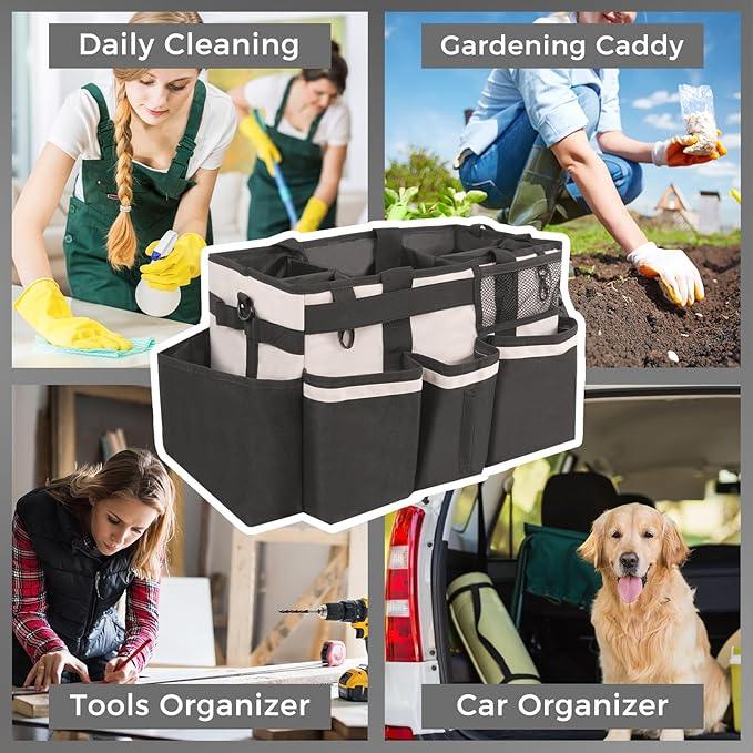 Wearable Cleaning Caddy, Cleaning Caddy Supplies Organizer with Handle & Shoulder Straps for Housekeepers, Under Sink & Car Cleaning Tool Organizers Bag with 4 Foldable Divider (Beige) - NeatNest