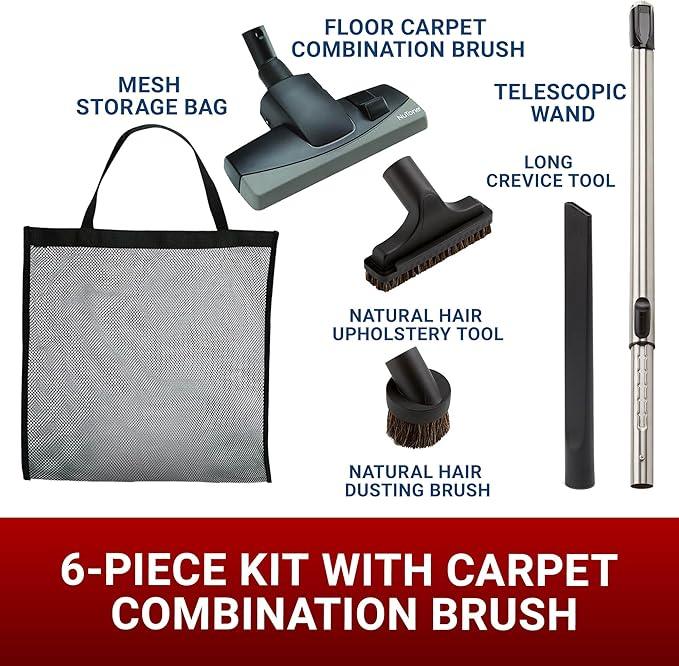 Central Vac Carpet and Bare Floor Attachment Set for Cleaning Carpets and Any Floor Surfaces, Dusting Brush, Upholstery Tool, Ratcheting Wand, Long Crevice Tool and Mesh Storage Bag - NeatNest